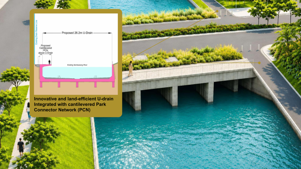 Bridge over blue canal with plants; inset diagram shows proposed U-drain with cantilever slab.